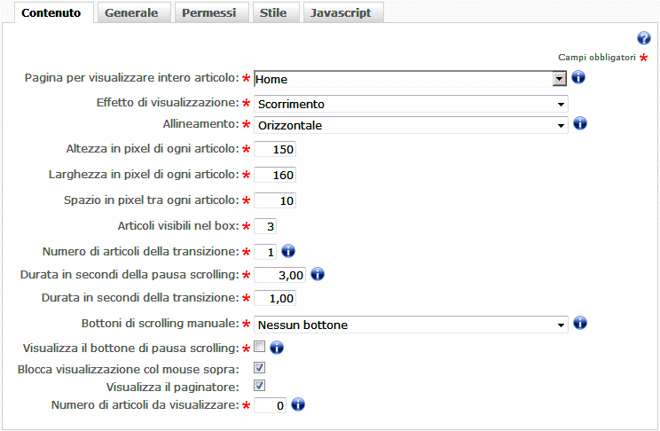 Configurazione carosello di articoli