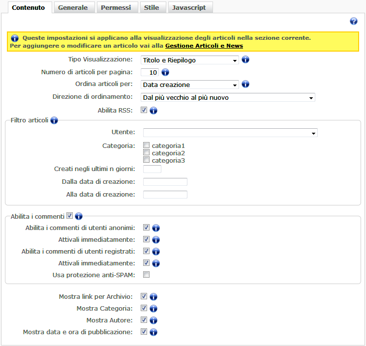 Configurazione visualizzazione articoli