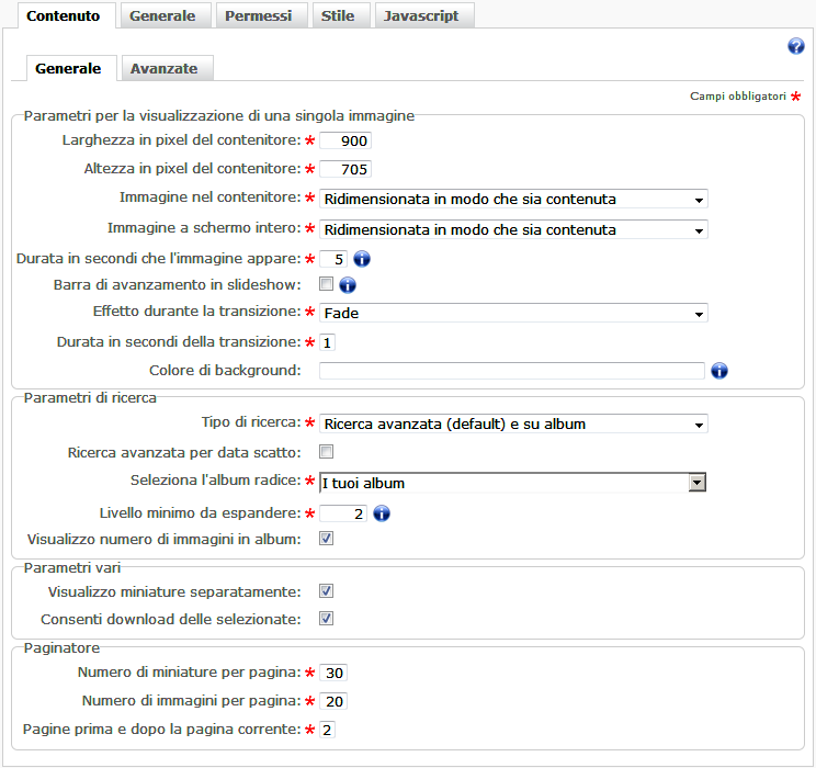 Configurazione galleria - Gestione avanzata - Avanzate