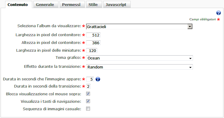 Informazioni generali sullo slider