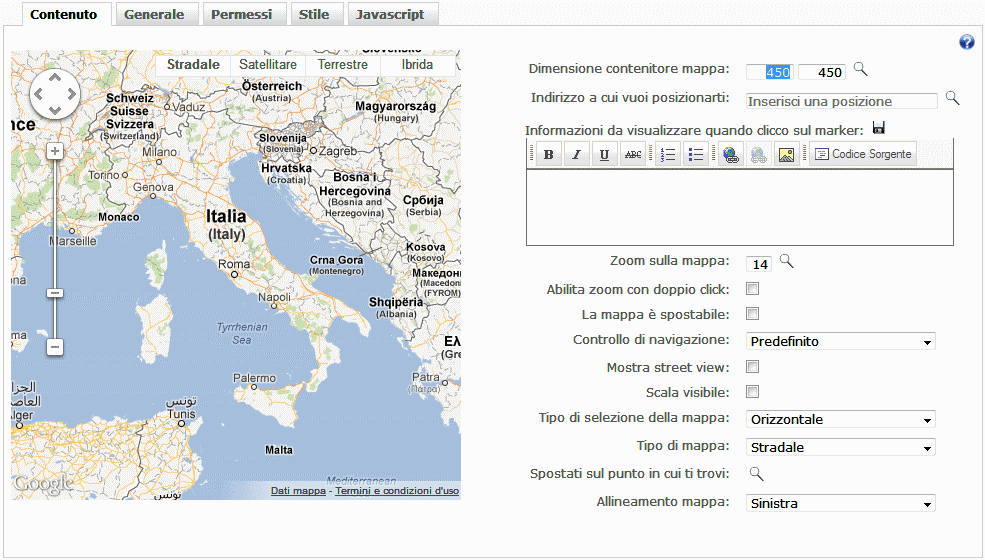 Configurazione ricerca contenuti del sito