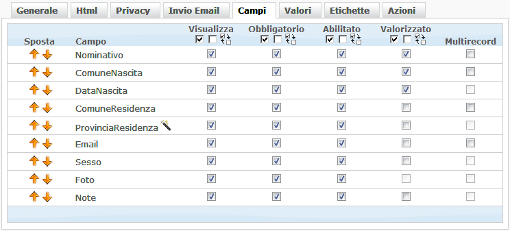 Scheda Campi tabelle - acquisizione