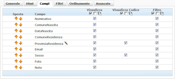 Scheda Campi tabelle utente - griglia