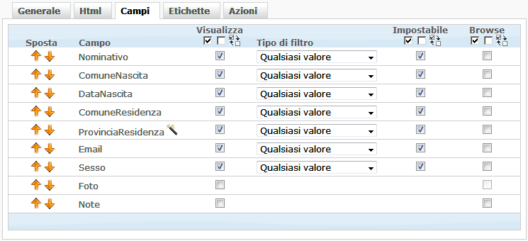 Scheda Campi tabelle utente - ricerca